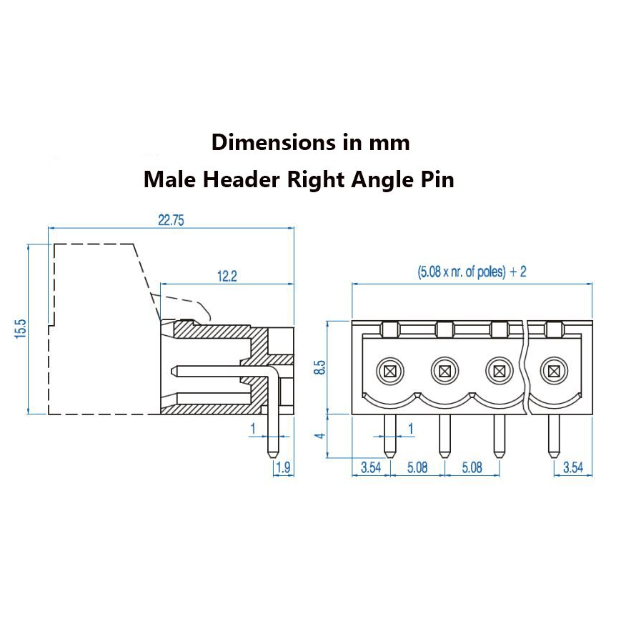 KF2EDGR-5.08-3P Pluggable Terminal Block PCB Solder Right Angle 5.08mm 3 Pin - Image 2