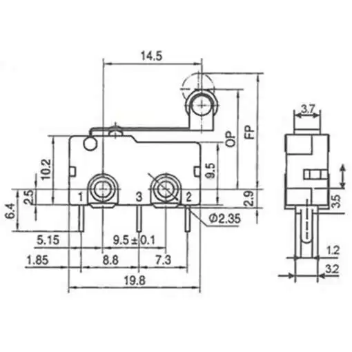 SPDT Micro Limit Switch Roller Lever 5A 3 pins Dim:20*6mm - Image 4