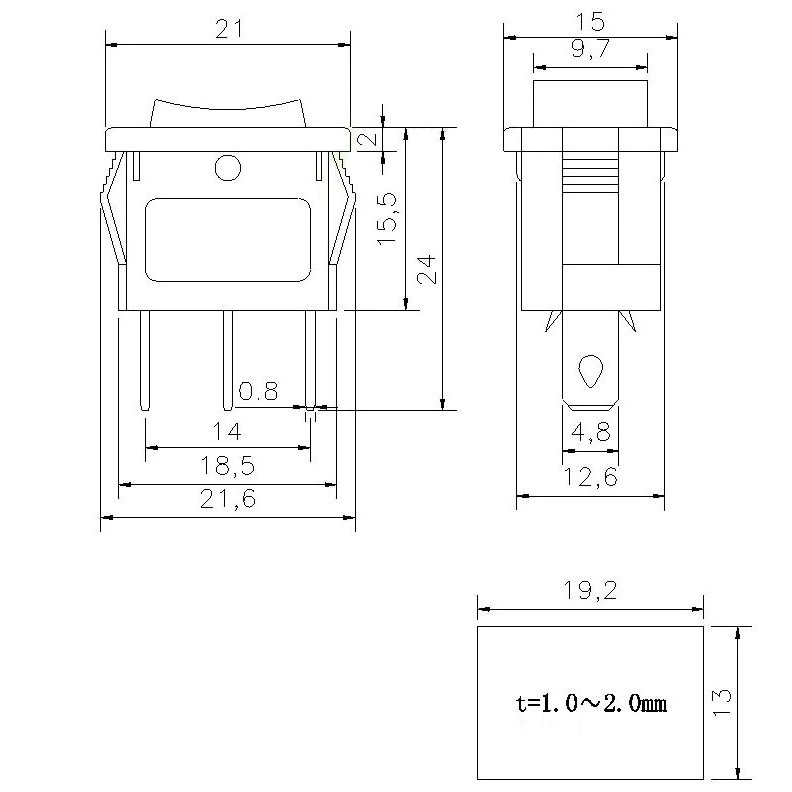 Rocker Switch 3 Position ON/OFF/ON KCD1 6A 3 Pin 18mm x 12mm - Image 2