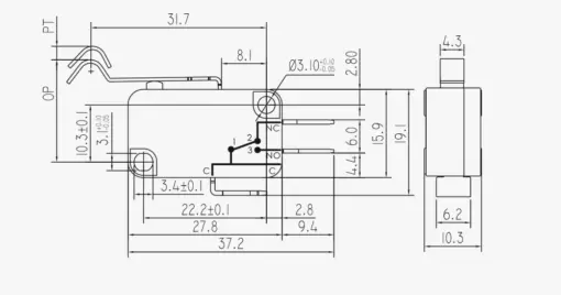 SPDT Micro Limit Switch Long Arm with Arc 25mm Lever 16A - Image 2