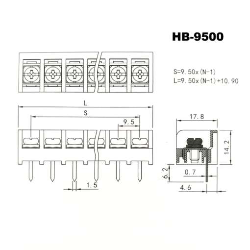 HB9500 Power Terminal Block Pitch 9.5mm 300V 25A 2Pin Black - Image 3