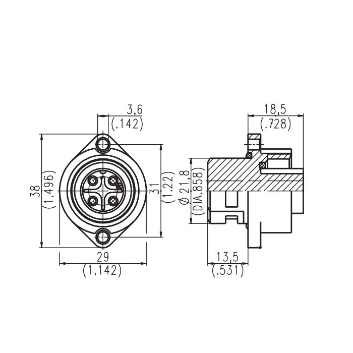Amphenol T3111 000 Female Receptacle, 3 + Ground, Screw Termination - Image 3