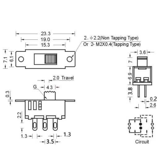 Miniature ON-OFF-ON Slide Switch DPDT 3 Position 6 Pin - SS23D32G7 - Image 4