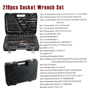 Professional Repair Tool Ratchet Wrench Socket Carry Case Set 216 pcs CR-V (1/2" 1/4" 3/8") - Image 3