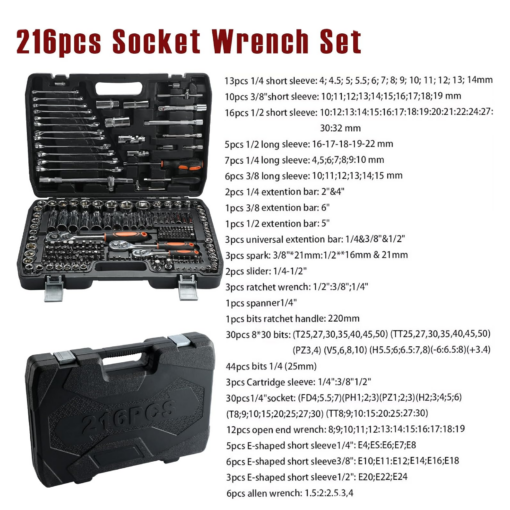 Professional Repair Tool Set 216 Pieces Cr-V (1/2" 1/4" 3/8") Ratchet Wrench Socket Carry Case - Image 3