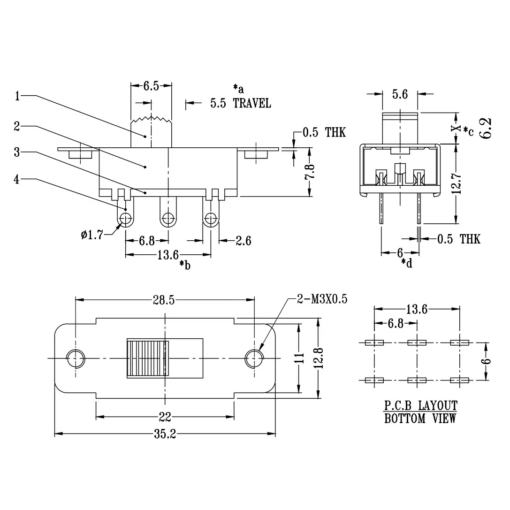 Slide Switch ON-OFF Panel Mount DPDT 6-Pin 2 Position 3A 250V - Image 3