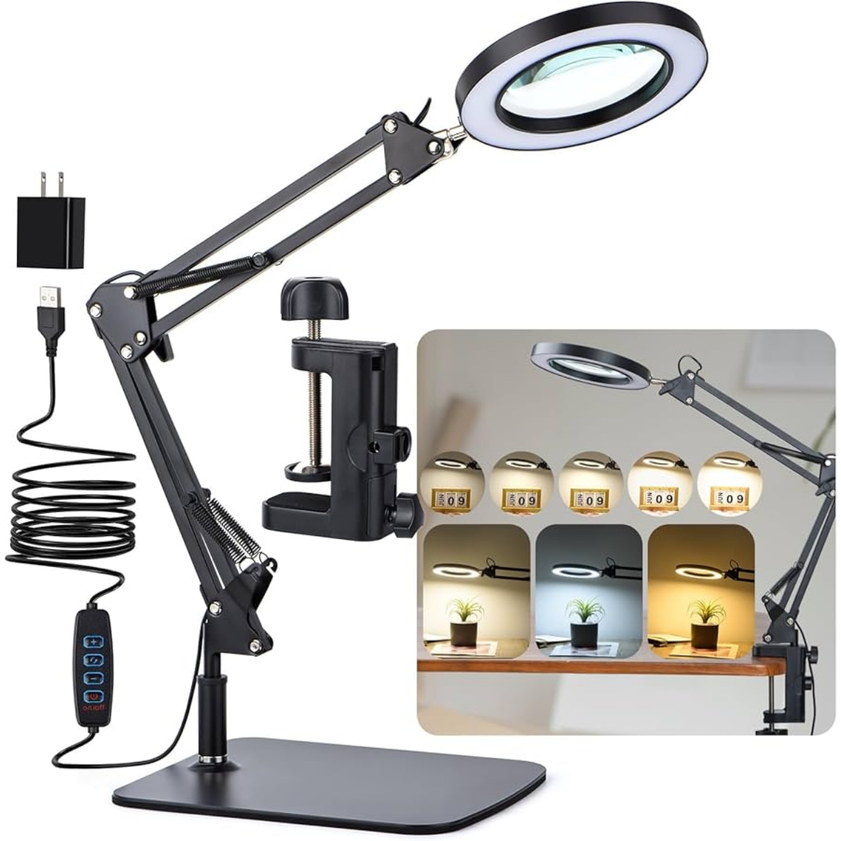 USB LED 5X Magnifying Glass Desk Dimming Lamp 3 Colors - Image 3