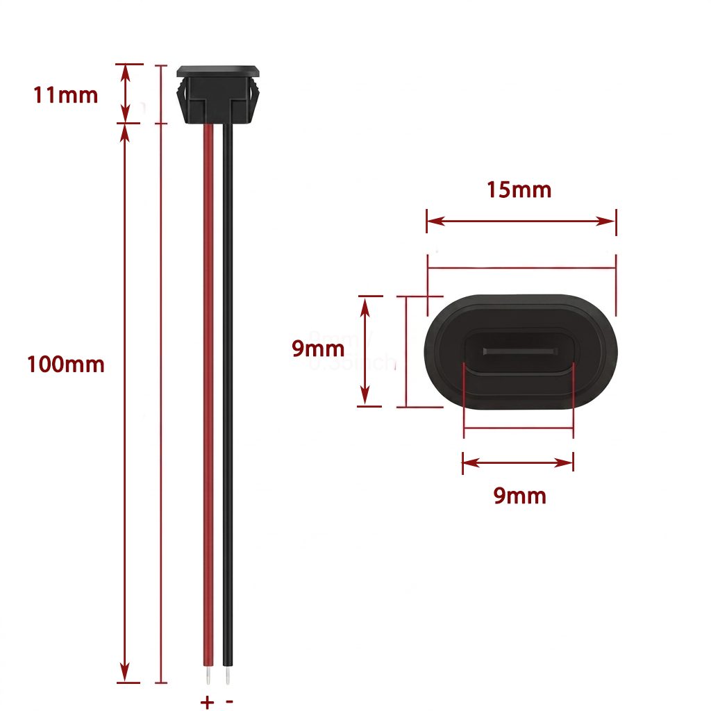 USB Type-C Female Panel Mount Socket Waterproof with 2-Wire 10cm Cable (Black) - Image 5