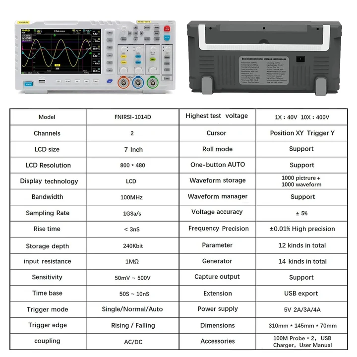 FNIRSI® 1014D 2-IN-1 Dual Channel 100MHz 1GS/S Digital Oscilloscope Signal Generator - Image 6