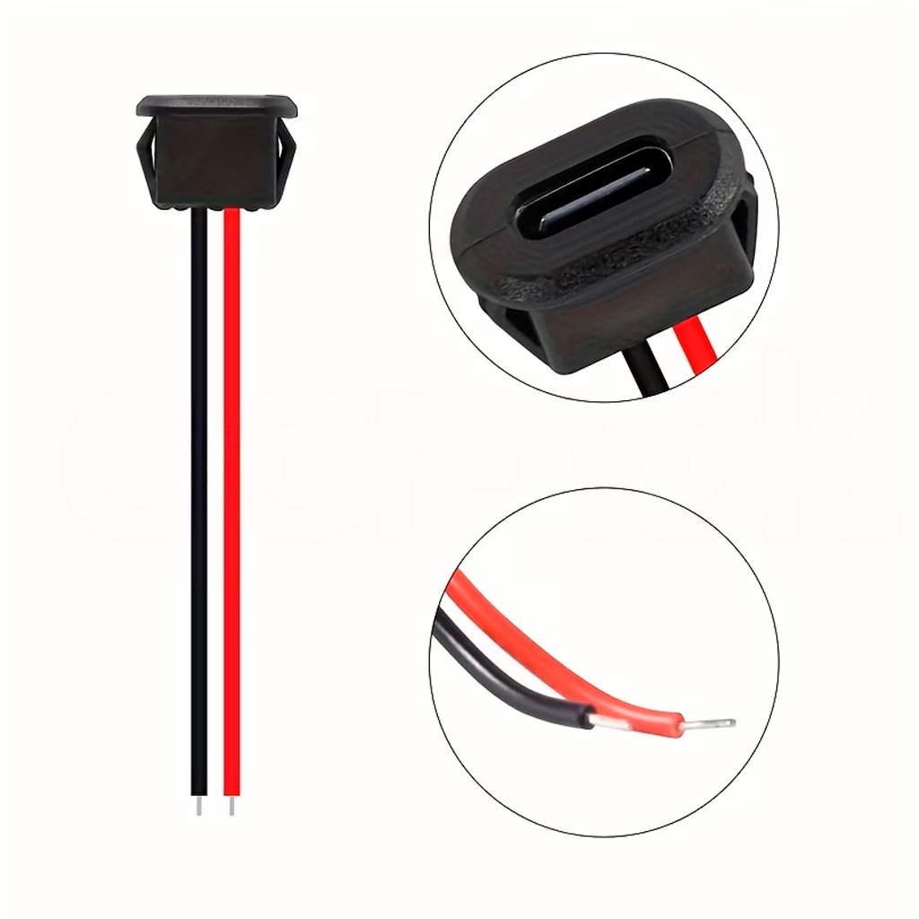 USB Type-C Female Panel Mount Socket Waterproof with 2-Wire 10cm Cable (Black) - Image 2