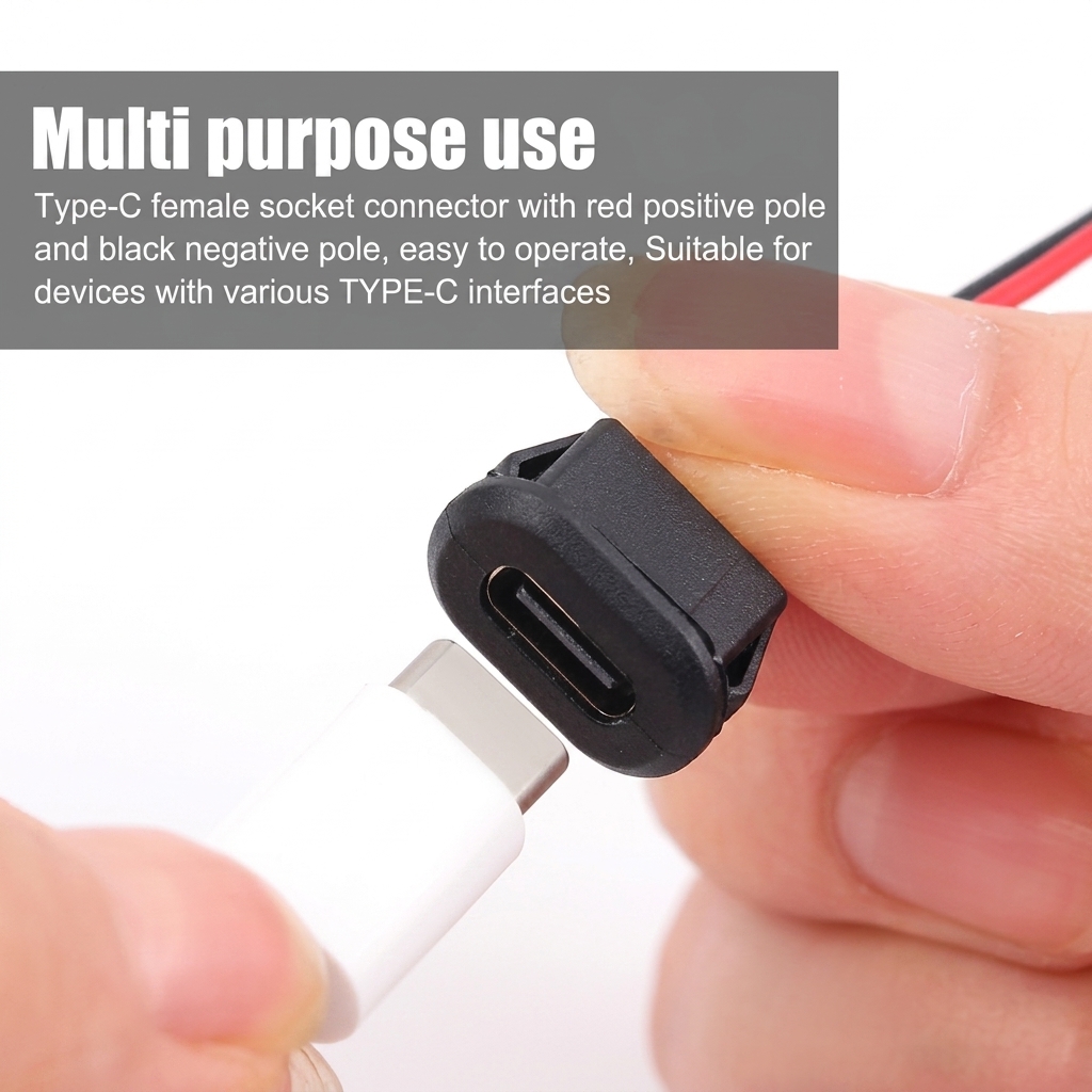 USB Type-C Female Panel Mount Socket Waterproof with 2-Wire 10cm Cable (Black) - Image 4