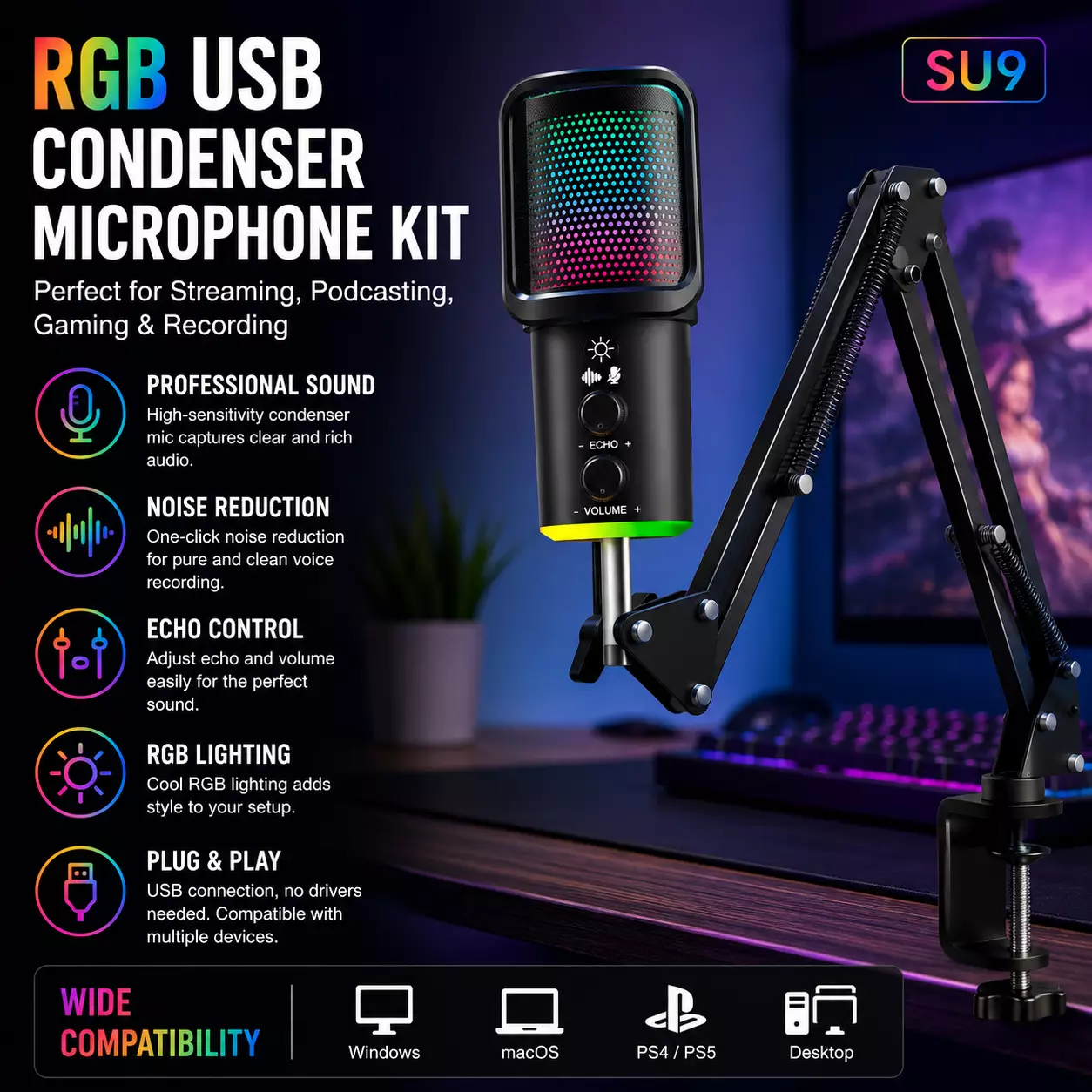 SU9 USB RGB Condenser Microphone Kit with Boom Arm - Image 4
