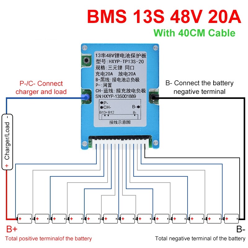 Lithium-ion Battery Charger Protection Module (BMS) 13S 20A 48V with Aluminum Heat Sink - Image 4
