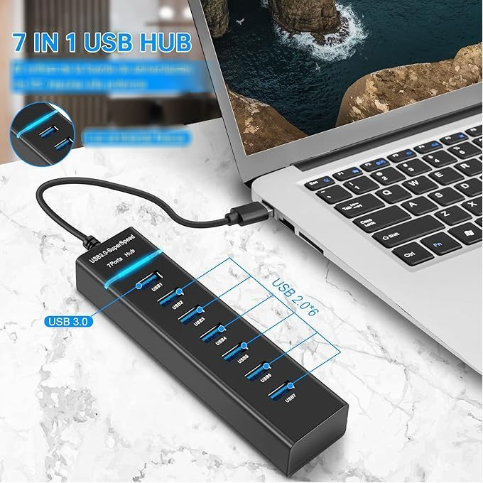 USB 3.0 Super Speed 7-Port Hub 5 Gbps with Power Jack - الصورة 3
