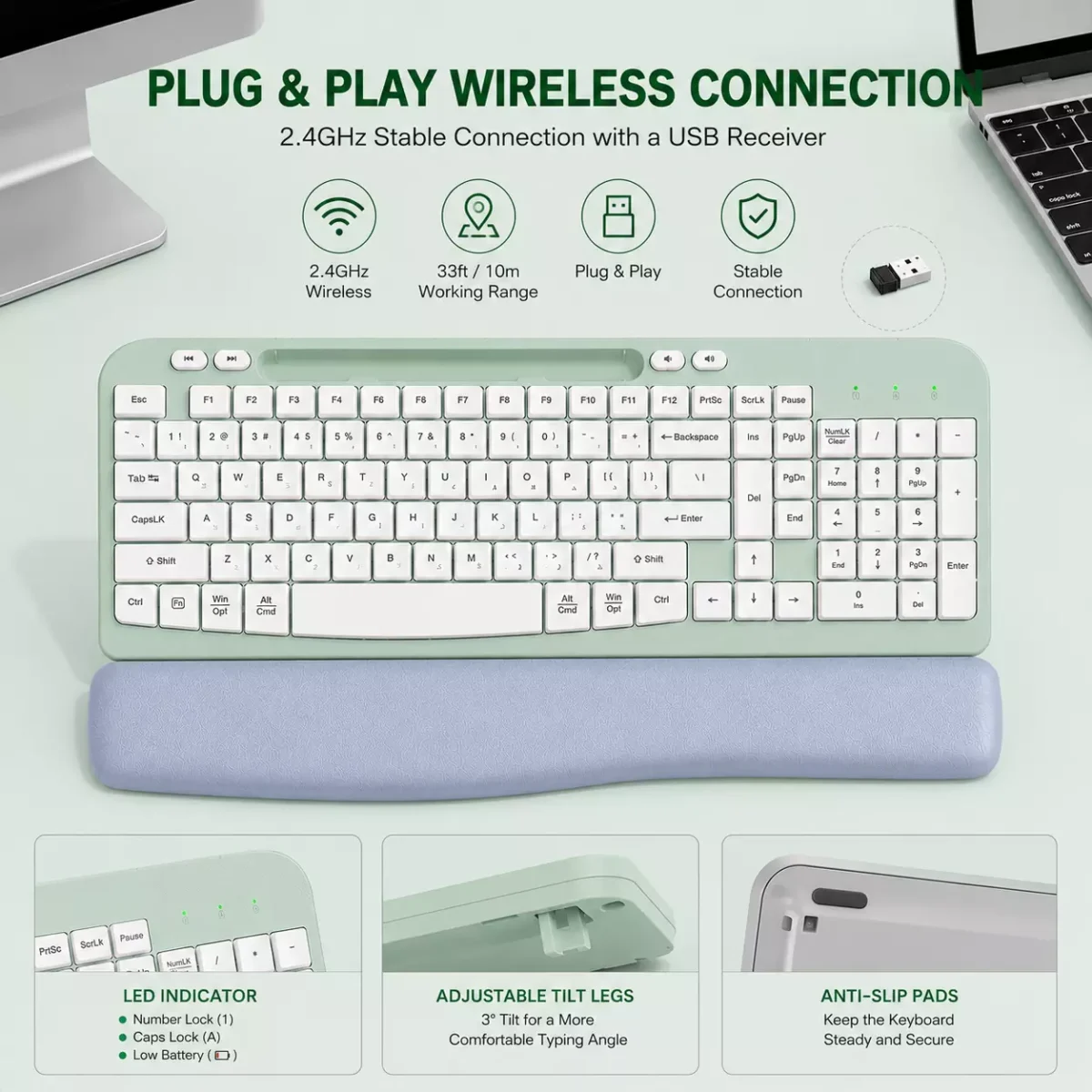 TANNSEN RT05 Ergonomic Wireless Keyboard with Cushioned Wrist Rest - الصورة 9
