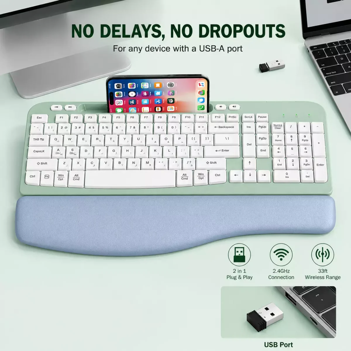 TANNSEN RT05 Ergonomic Wireless Keyboard with Cushioned Wrist Rest - الصورة 6