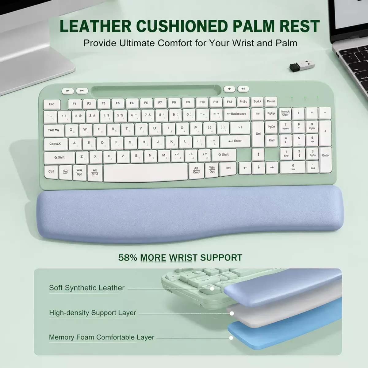 TANNSEN RT05 Ergonomic Wireless Keyboard with Cushioned Wrist Rest - الصورة 5