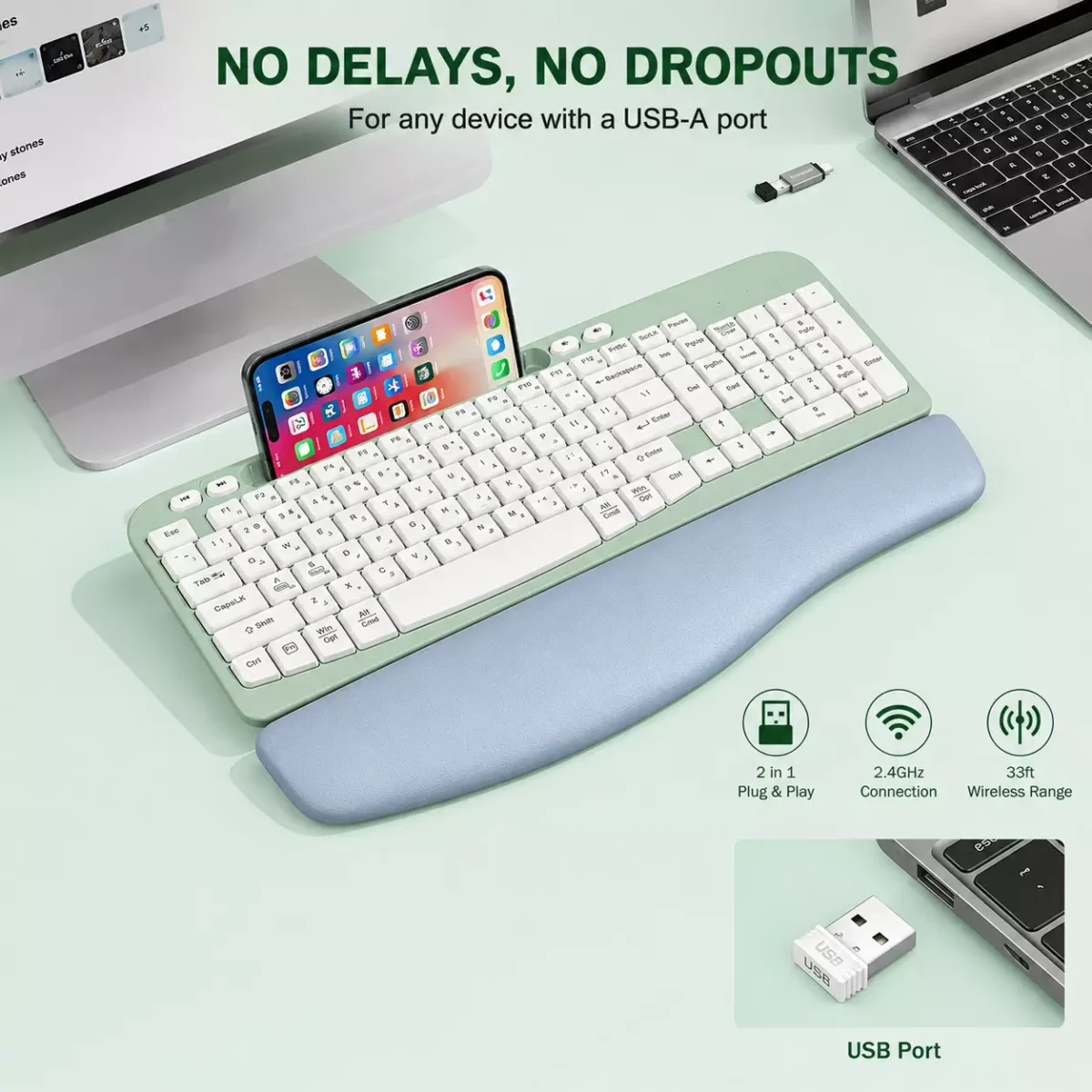 TANNSEN RT05 Ergonomic Wireless Keyboard with Cushioned Wrist Rest - الصورة 4