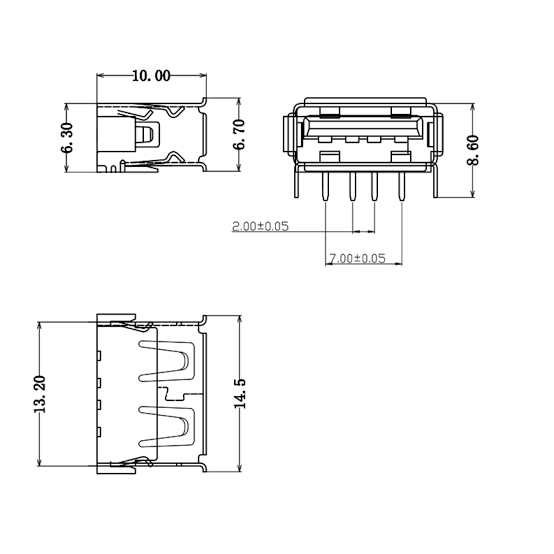 PCB Solder Female Type A USB Connector Right Angle 4 Pin 10mm Body Length - Image 3